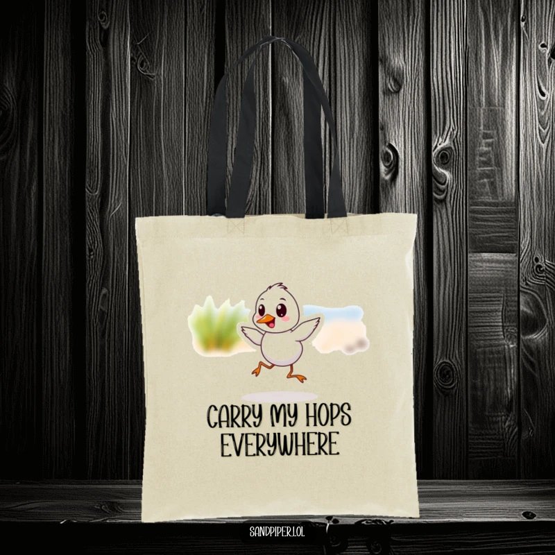 Funny Sandpiper Tote Bag featuring a lively bird mid-hop, a functional accessory with humorous appeal.