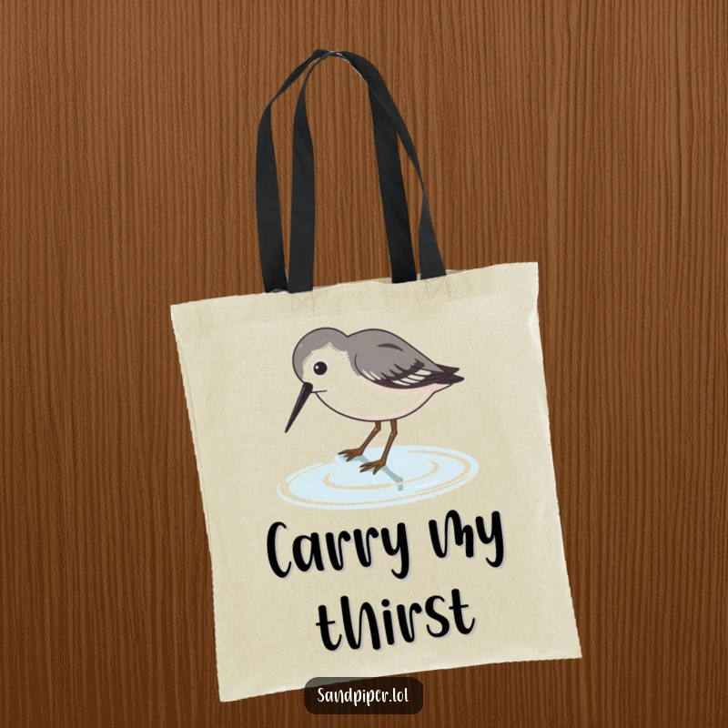 Funny Sandpiper Tote Bag with a bird dipping its beak into water, a functional and humorous accessory.