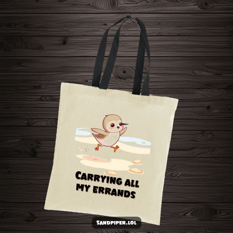 Funny Sandpiper Tote Bag: Lively bird character running fast on a beach, perfect for carrying groceries or beach essentials humorously.