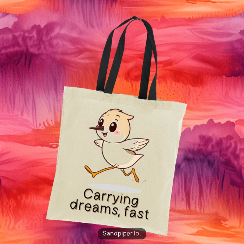 Funny Sandpiper Tote Bag, showing a cartoon bird running sideways at top speed with a happy expression, practical and amusing.