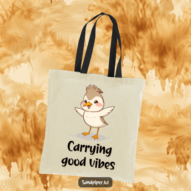 Funny sandpiper tote bag showing a bird doing a hilarious, happy head bob dance, perfect for carrying joy.