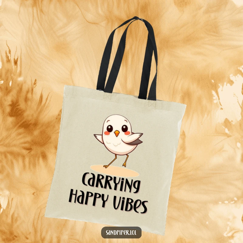 Funny tote bag featuring a sandpiper bird doing a happy hop, perfect for carrying beach finds with a smile.