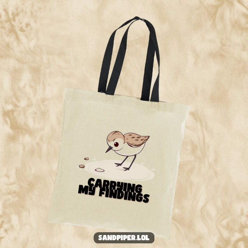 Funny Tote Bag: Determined sandpiper with focused expression vigorously probes wet sand, ideal for tasks.
