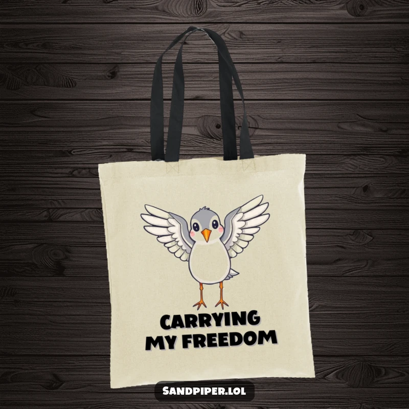 Funny tote bag featuring a sandpiper with wings spread, appearing ready to fly, perfect for carrying essentials on the go.
