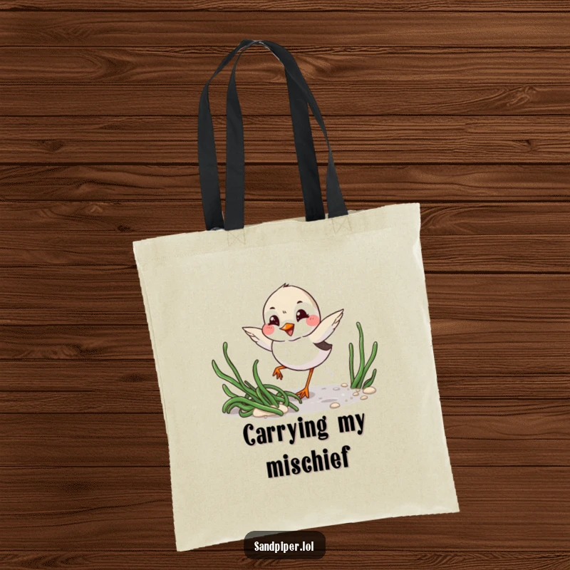 Funny Tote Bag: Playful sandpiper with mischievous grin winks while darting around seaweed, perfect for beach essentials.