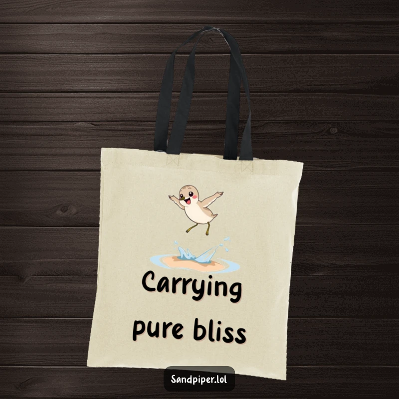 Funny sandpiper tote bag, joyful bird leaping over small wave, beach accessory, humorous tote bag, great gift.