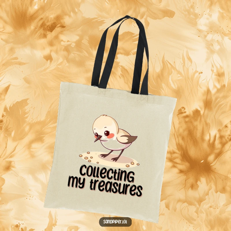 Funny Tote Bag: A small sandpiper pecks at sand, a charming and humorous beach companion.