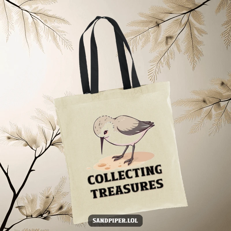 Funny tote bag showcasing a cute sandpiper character pecking at the ground with playful curiosity, perfect for carrying daily finds.