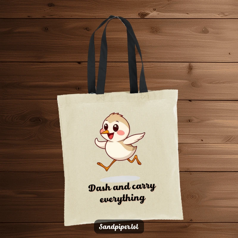 Funny Sandpiper Tote Bag showcasing a cute bird character in a speedy, happy dash, great for shopping and gifts.