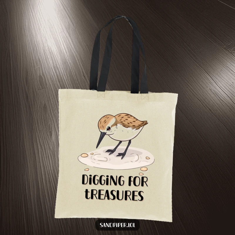 Funny Sandpiper Digging Tote Bag: An adorable sandpiper happily digs its beak into the wet sand, ready for beach errands.