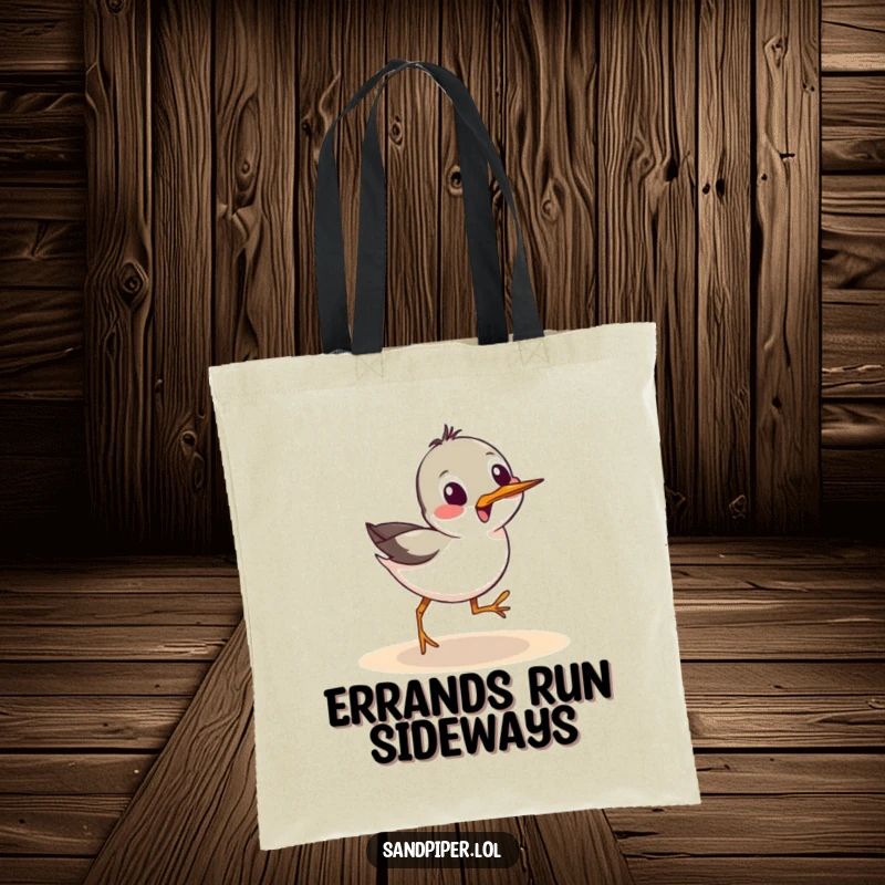 Funny Tote Bag: A sandpiper bird in mid-scurry, moving sideways with playful energy, ready for the beach.