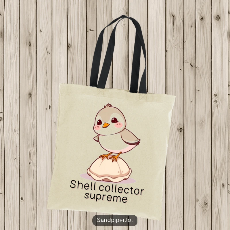 Funny sandpiper tote bag, giggling bird comically balancing on a seashell, durable and humorous beach accessory.