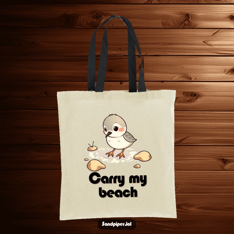 Funny Tote Bag with a sandpiper bird playfully digging in imaginary sand, perfect for beach lovers and fun seekers.