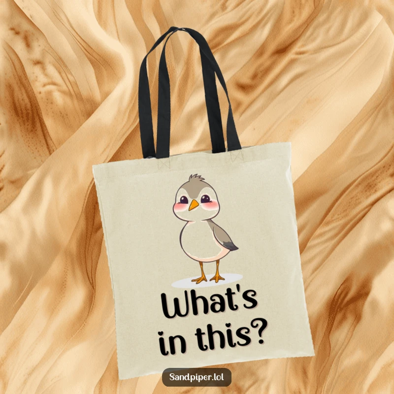Funny sandpiper tote bag featuring a bird tilting its head with an adorable and curious, playful expression.
