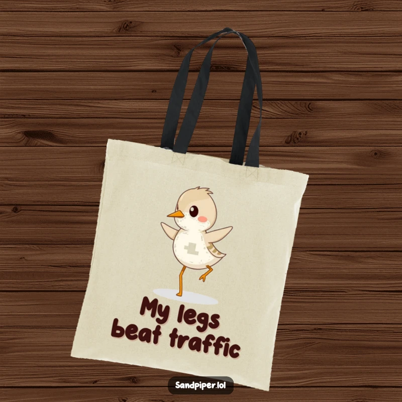 Funny sandpiper tote bag featuring a happy sandpiper bird hopping with a focused and energetic gait.