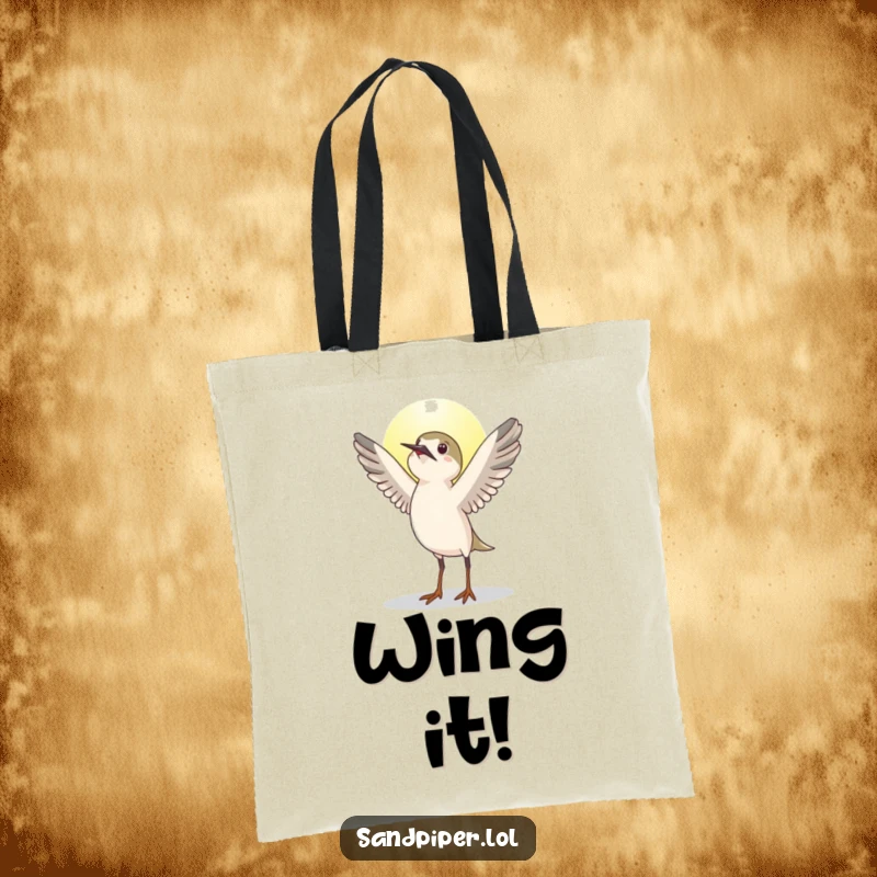 Funny sandpiper bird tote bag, stretching wings upwards greeting the sun, inspirational, unique funny gift.