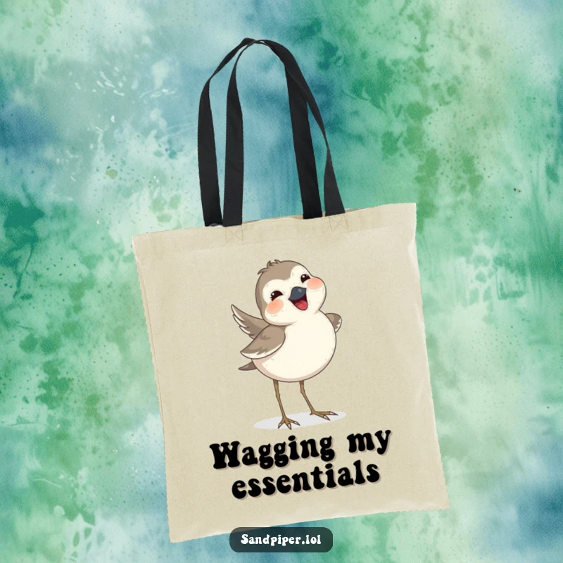Funny sandpiper tote bag adorned with a bird joyfully wagging its tail feathers, perfect for carrying essentials with cheer.