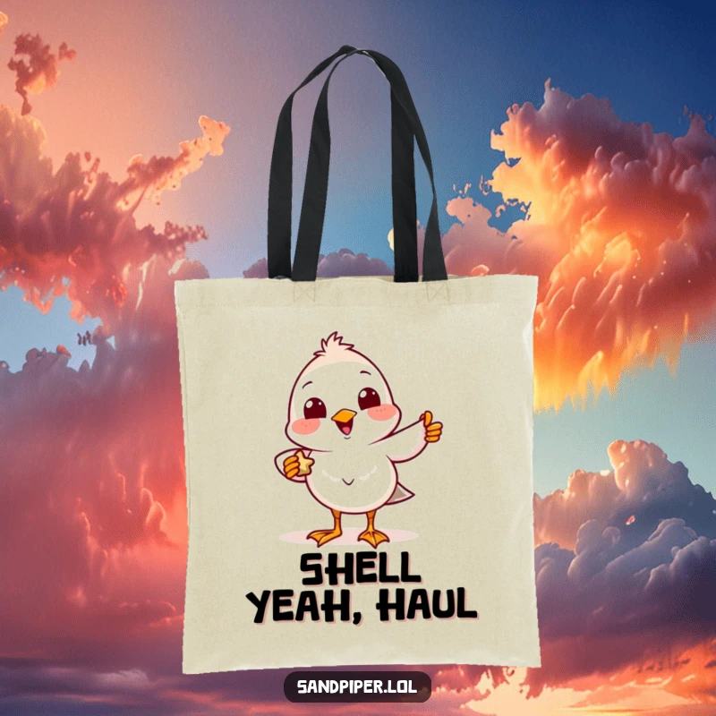 Funny Tote Bag featuring a happy sandpiper character with a smile, presenting a tiny treasure.