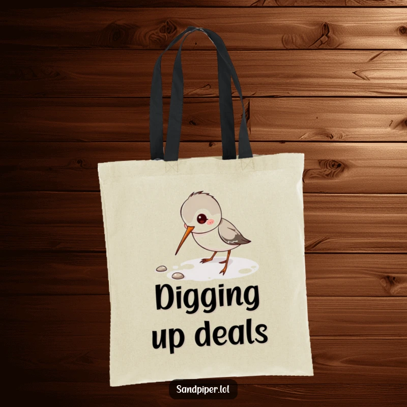 Funny Sandpiper Tote Bag showing a playful sandpiper character digging its thin beak, great for carrying essentials.