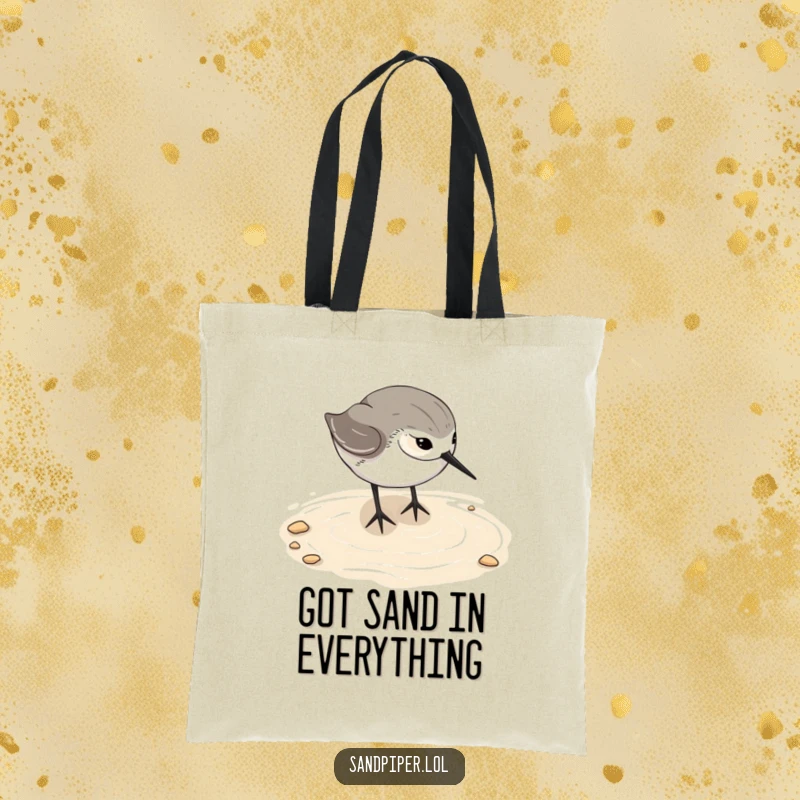 Funny sandpiper tote bag, bird happily digging beak in wet sand, beach accessory, humorous tote bag, great gift.