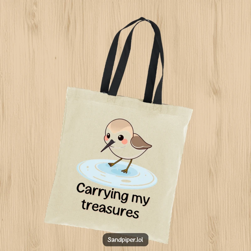 Funny Sandpiper Tote Bag showcasing a joyful sandpiper character probing in shallow water, great for carrying beach gear.