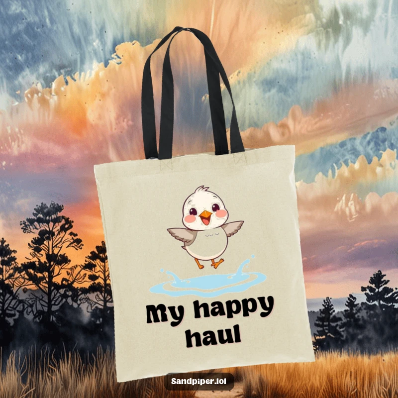 Funny Sandpiper Tote Bag: A sandpiper joyfully hops over waves, a humorous and practical bag for beachcombers.