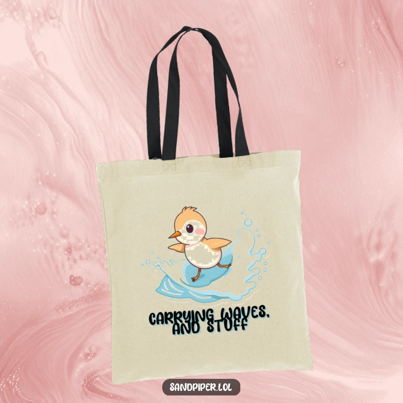 Funny Sandpiper Tote Bag showcasing a cute bird character playfully chasing a frothy wave, ideal for beach trips.