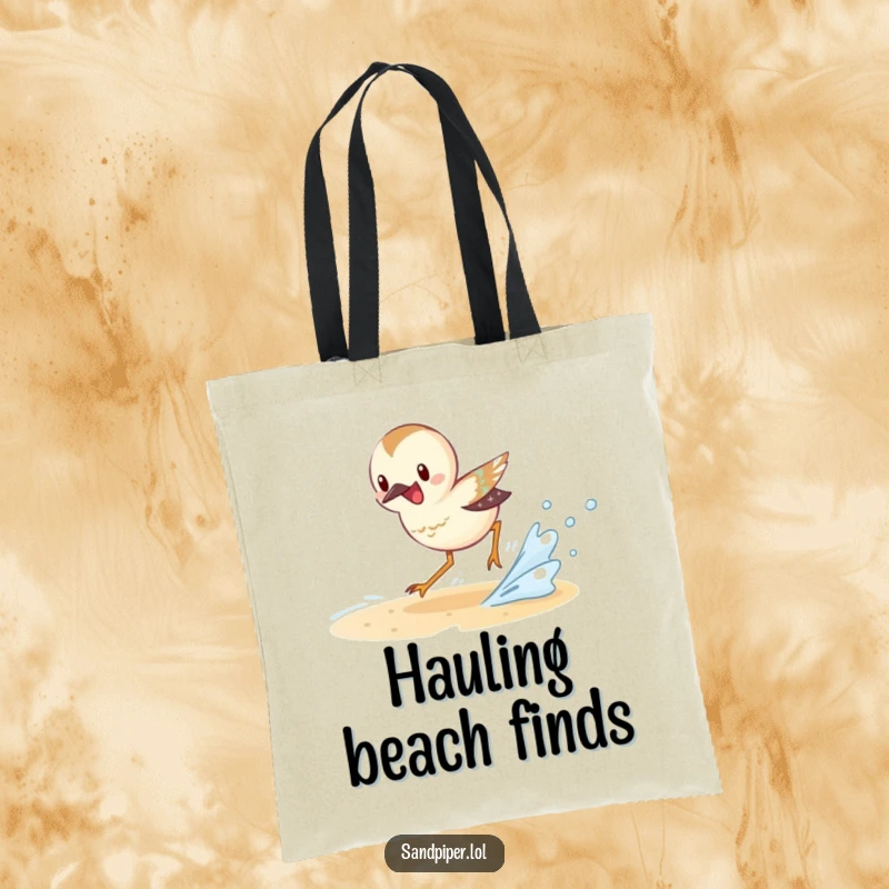 Funny Sandpiper Tote Bag featuring an excited sandpiper character chasing a small wave, great for beach outings.