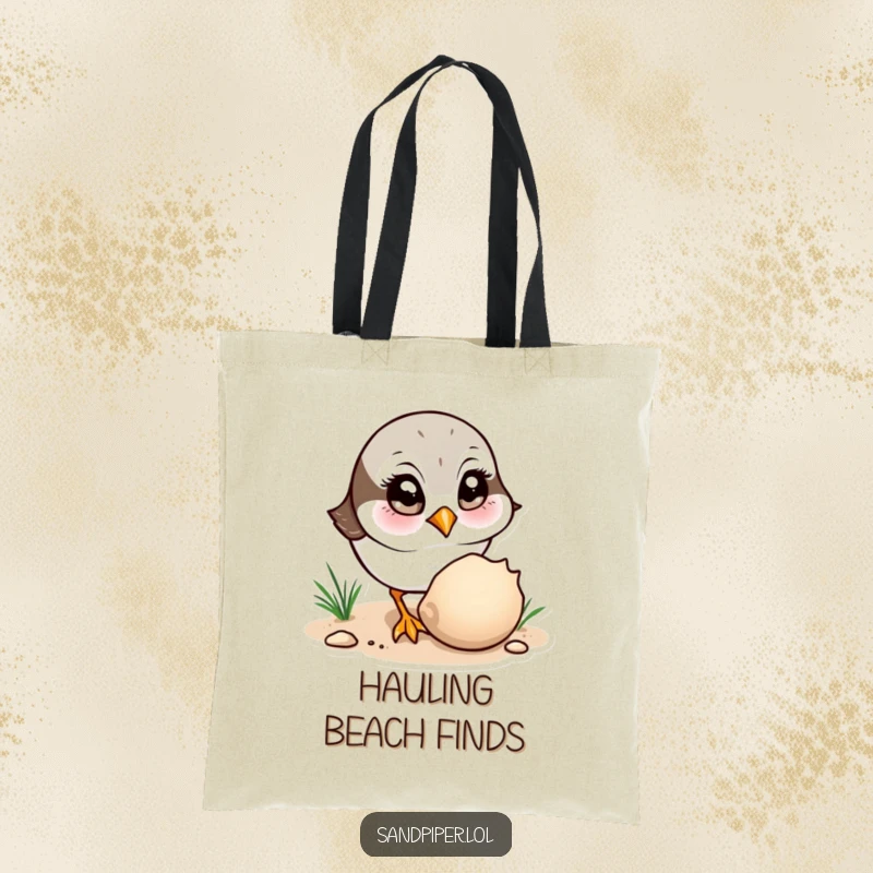 Funny Tote Bag: A sandpiper curiously observes a shell, a charming and humorous beachcombing accessory.