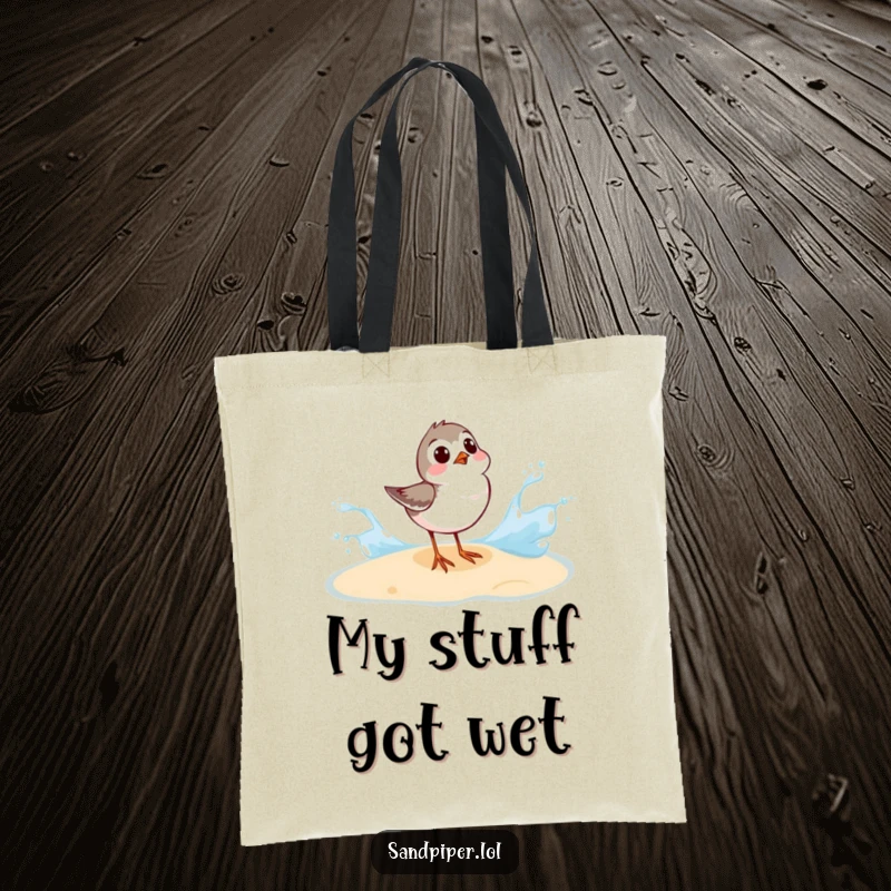 Funny Sandpiper Tote Bag: A sandpiper’s surprised reaction to a wave splash makes this a humorous beach bag.