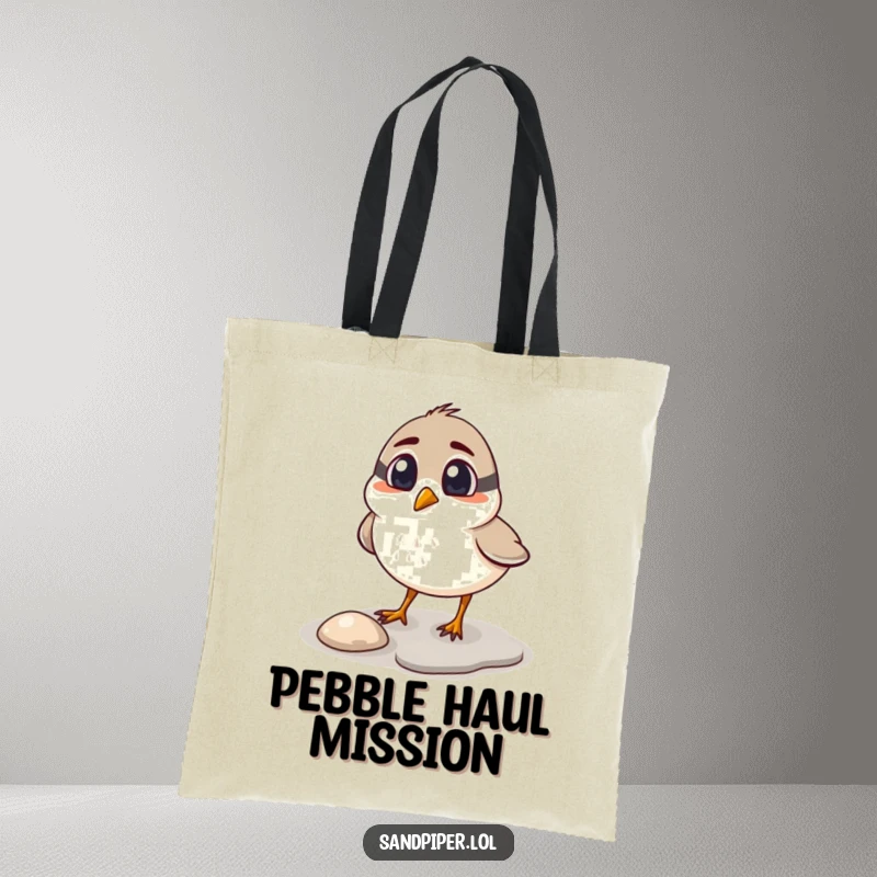 Funny sandpiper tote bag, surprised bird pecking at a shiny pebble, durable and humorous accessory.