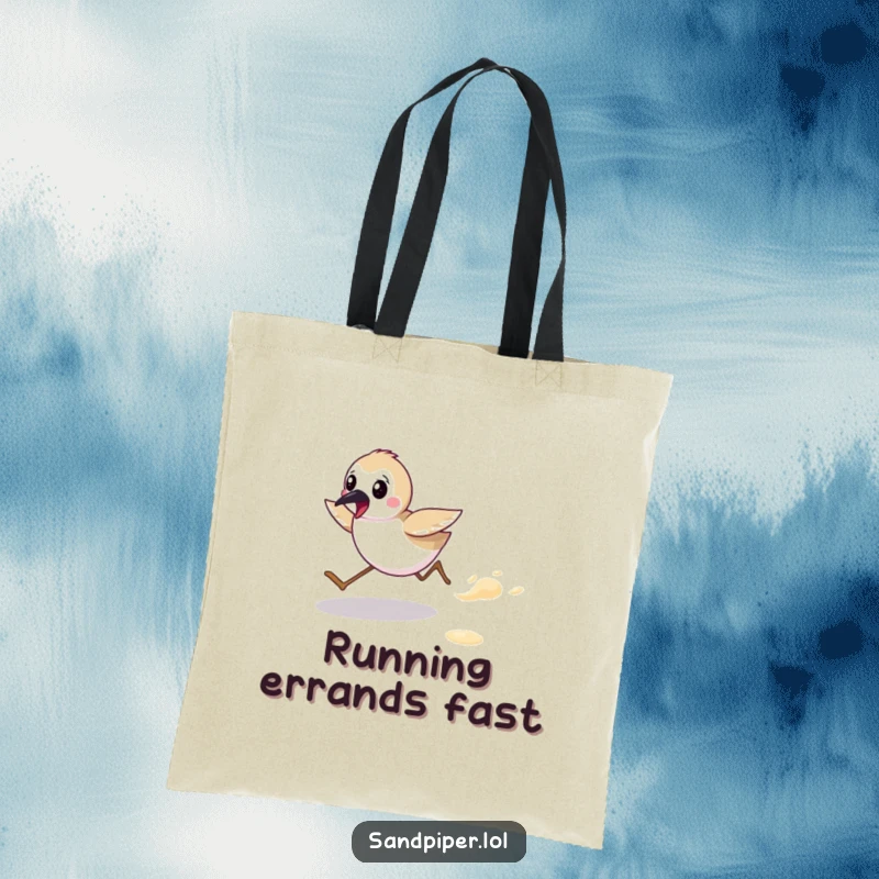 Funny tote bag with a cute sandpiper character energetically running along a beach, perfect for beach trips. A practical funny gift.