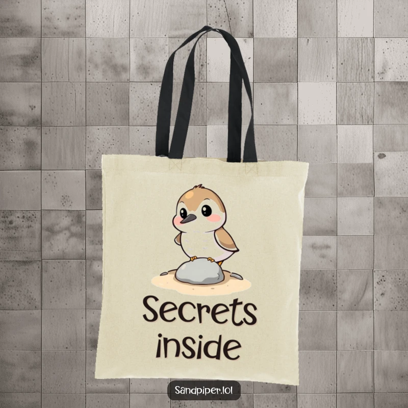 Funny Tote Bag: A sandpiper character comically trying to hide behind a small stone, perfect for carrying items with shy humor.