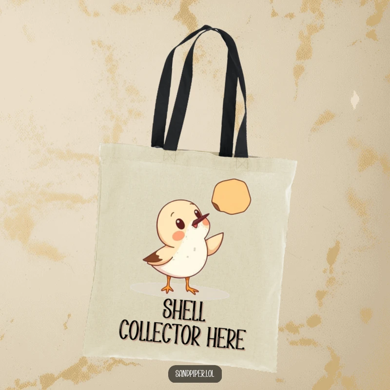 Funny Tote Bag: A sandpiper bird is depicted looking shocked at a seashell that is floating unsupported in the air.
