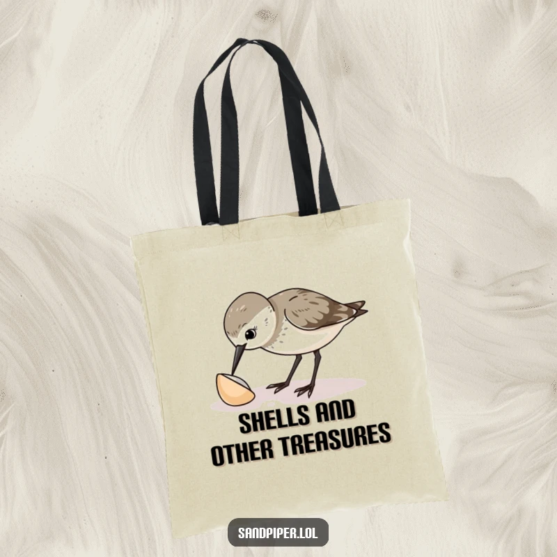 Funny sandpiper tote bag printed with a curious bird pecking at a shell, emphasizing its inquisitive and delightful nature.