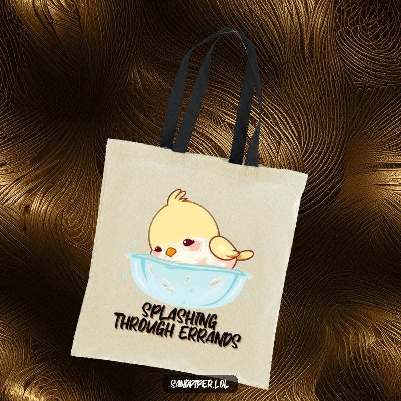 Funny tote bag illustrating a bird playfully dipping its head underwater, creating a fun, splashing visual.